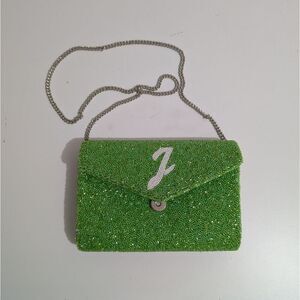 Island To The East Side "J" Initial Green Glitter Clutch With Chain